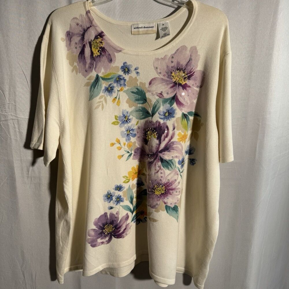 Alfred Dunner Floral Sweater Top Women 3X Purple Flowers Embellished Casual